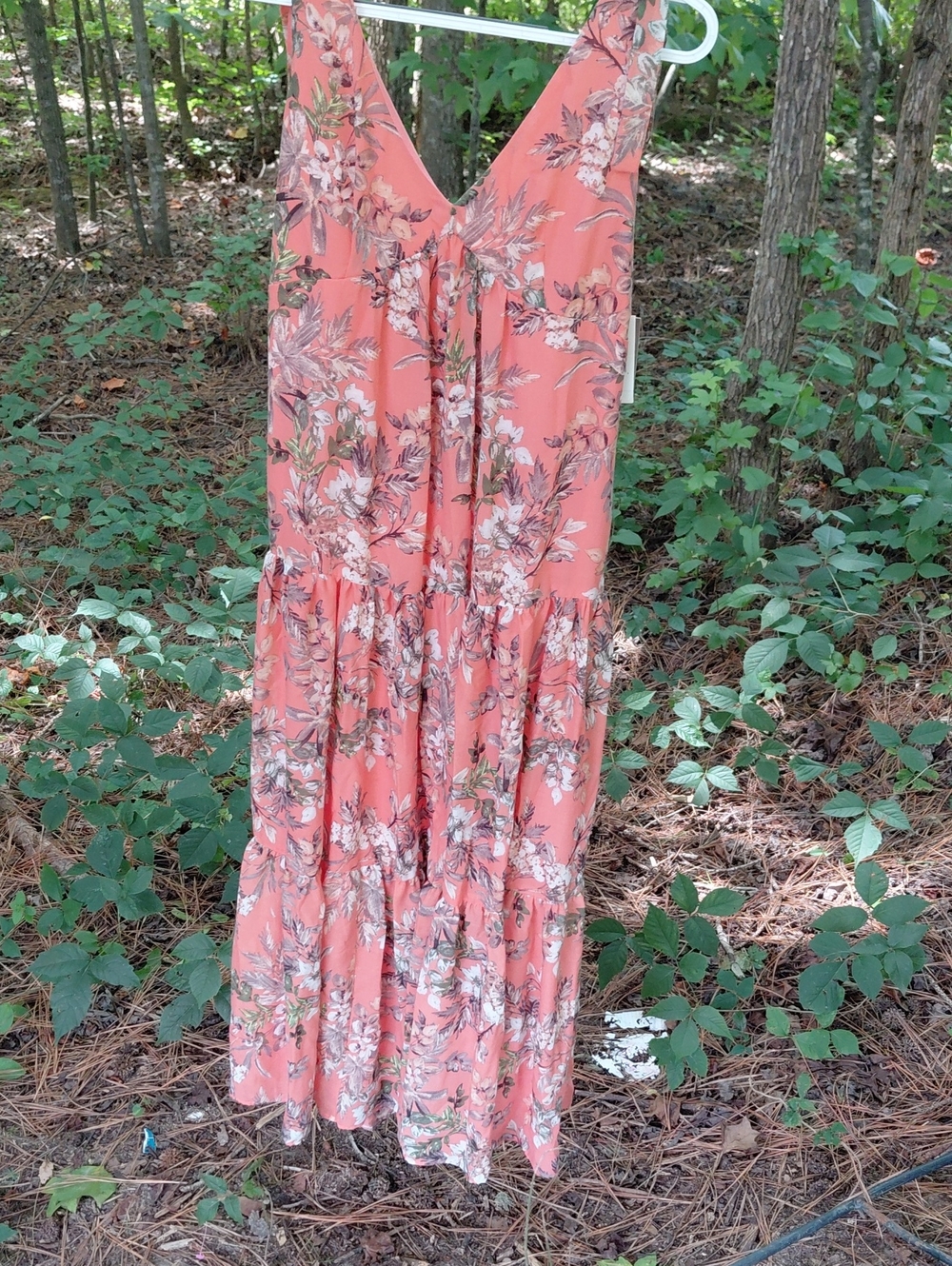 Coral Floral Tiered Maxi Dress with Tie-Front V-Neck